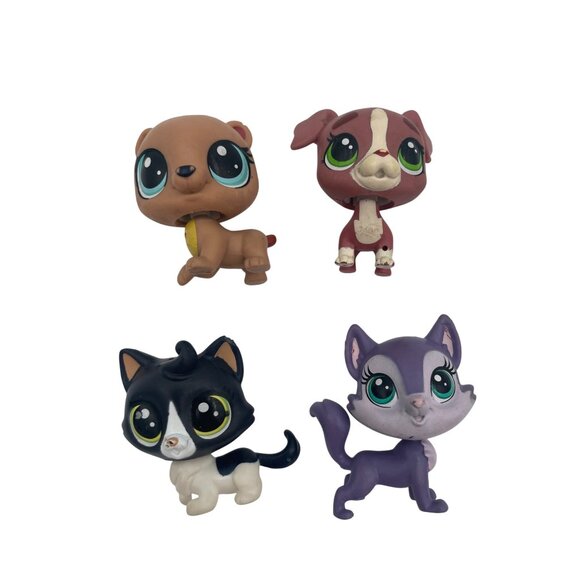 Littlest Pet Shop Dog Cat Bear Wolf Figures Set Of 4 Brown Black & White Purple - Picture 1 of 5
